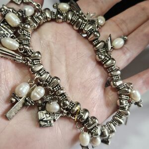 Silver Tone Cream Pearl Teacher Themed Stretch Bracelet 7.5"
